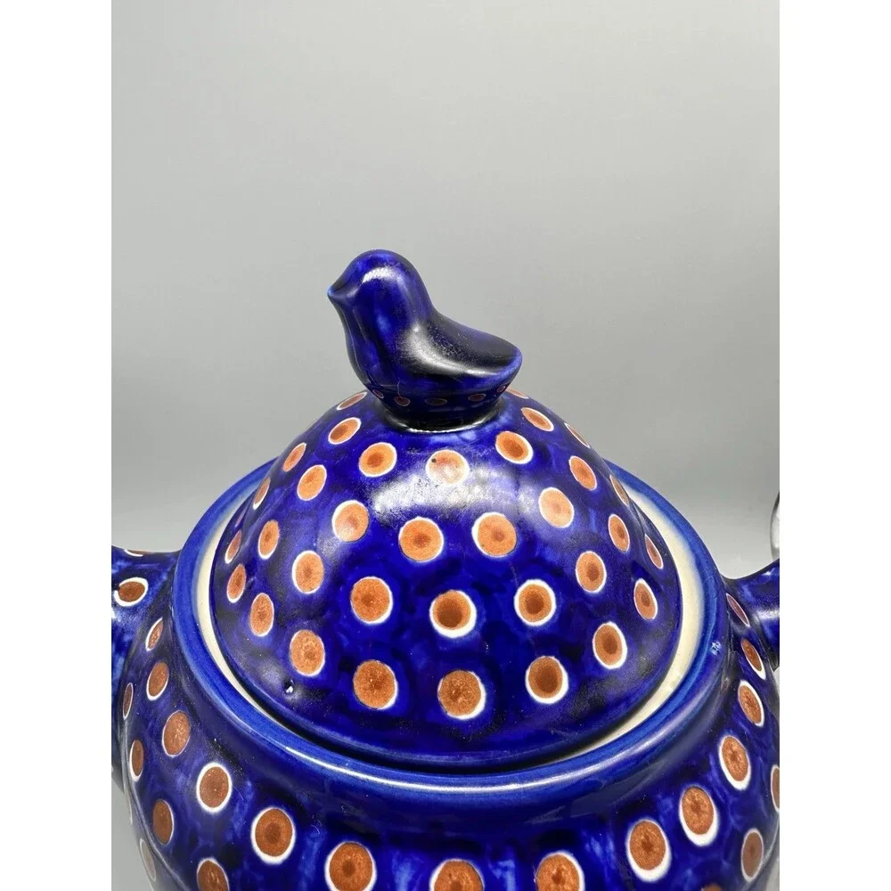 Boleslawiec Polish Pottery Teapot Red Peacock Eye Bird Finial Lid Large 9”